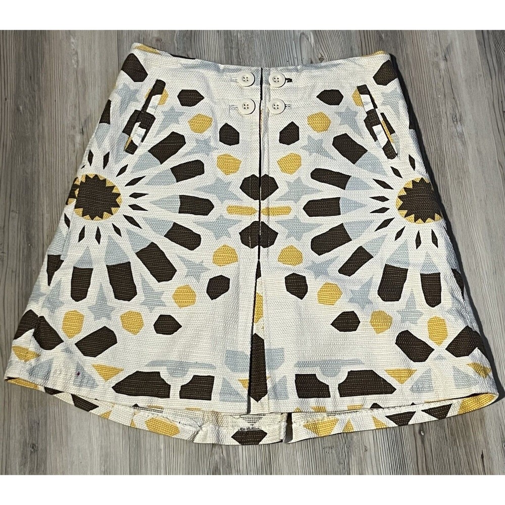 Anthropologie White Mini Skirt with Brown, Yellow & Light Blue Geometric Print